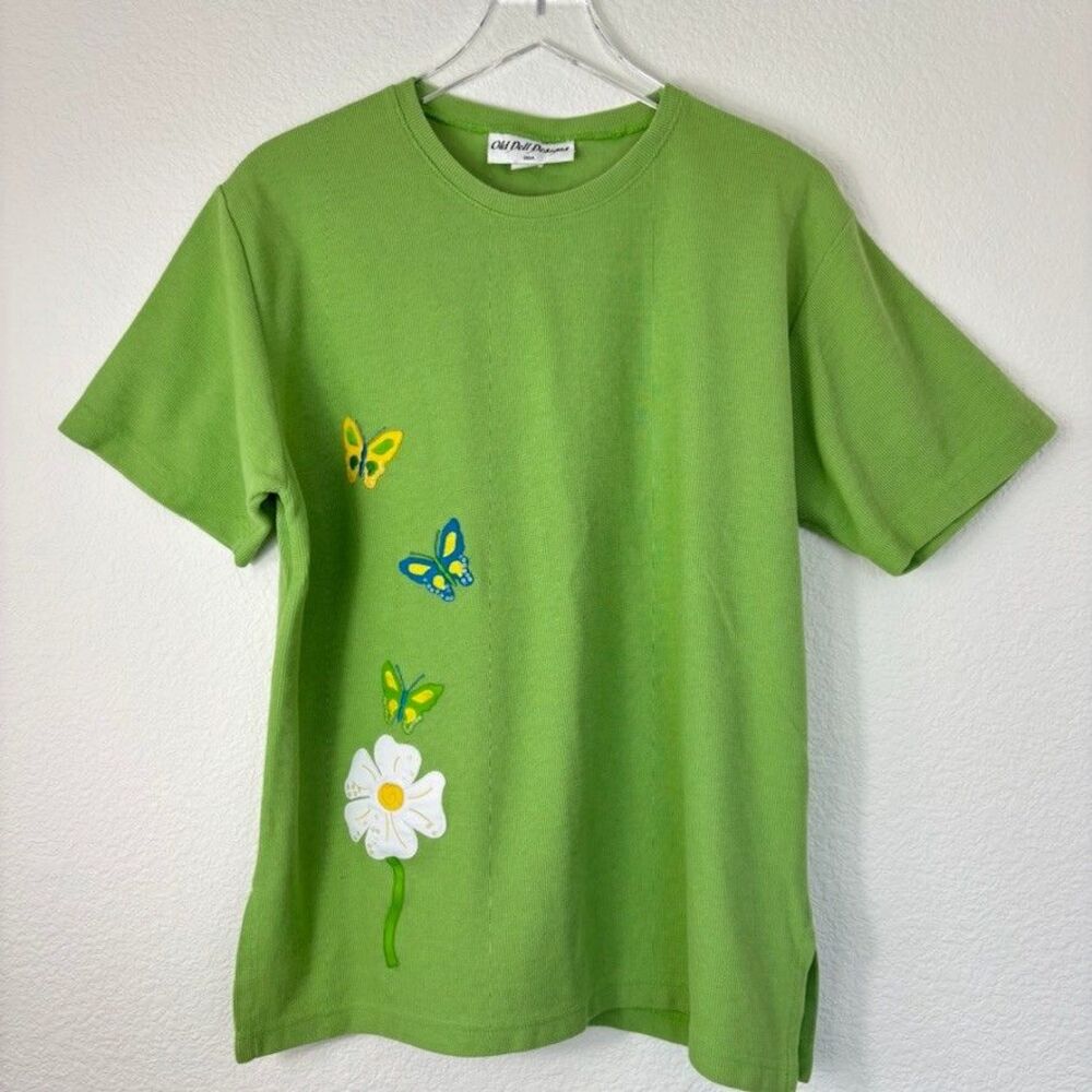 Vintage Womens Cotton Pique Top L Kelly Green Butterfly Applique Grandma Cottage